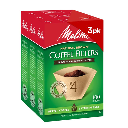 Melitta #4 Cone Coffee Filters, Unbleached Natural Brown, 100 Count (Pack of 3), 300 Total Filters