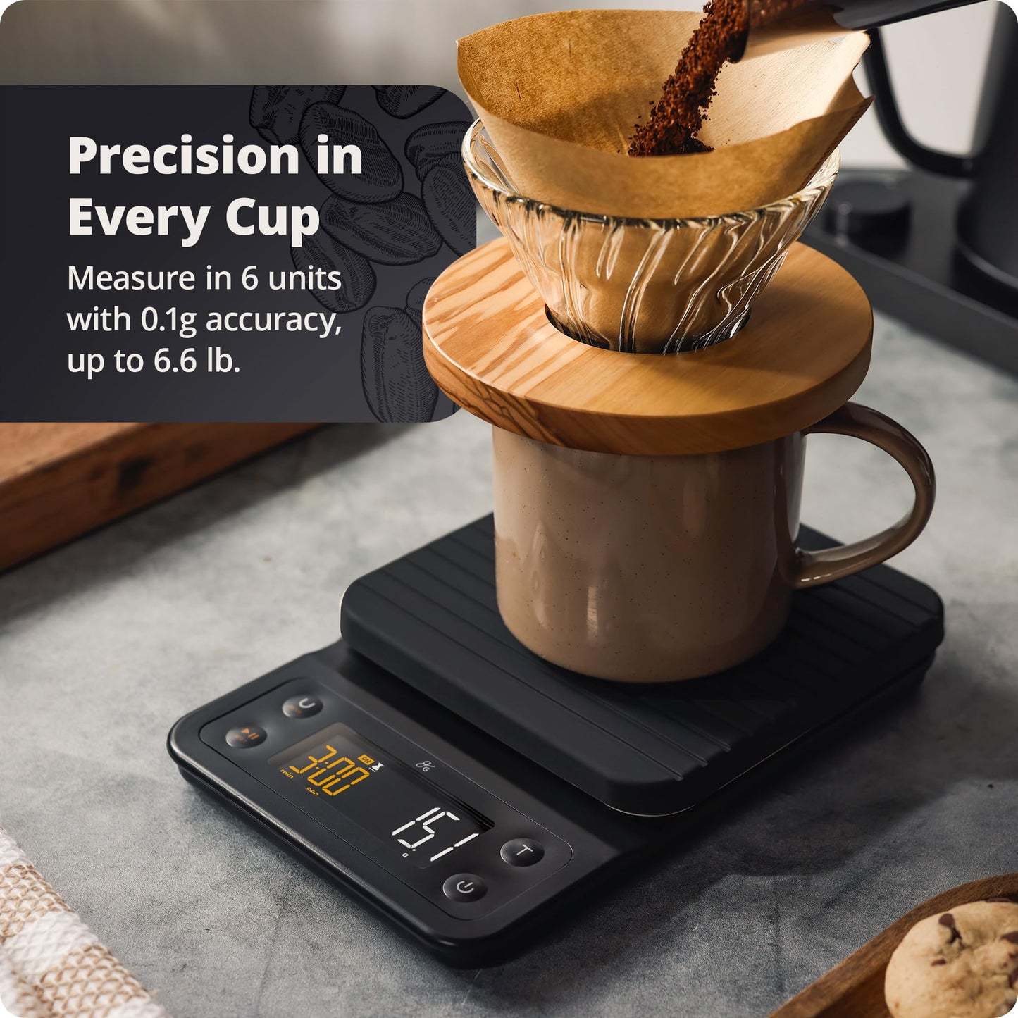 Greater Goods 0.1g Precision Coffee Scale with Timer ā 3kg Digital Scale for Pour-Over, Espresso, French Press, Kitchen Use (Onyx Black)