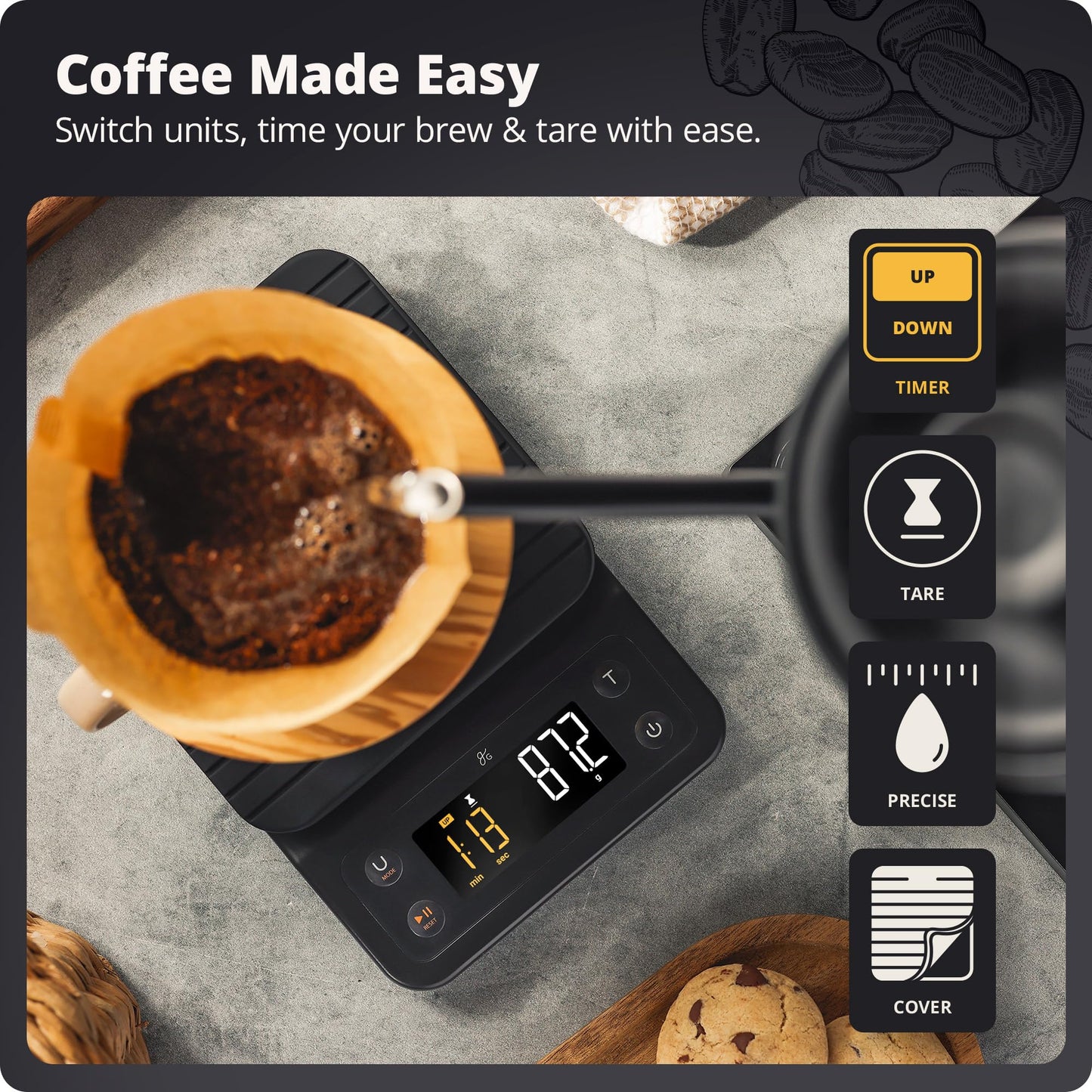 Greater Goods 0.1g Precision Coffee Scale with Timer ā 3kg Digital Scale for Pour-Over, Espresso, French Press, Kitchen Use (Onyx Black)