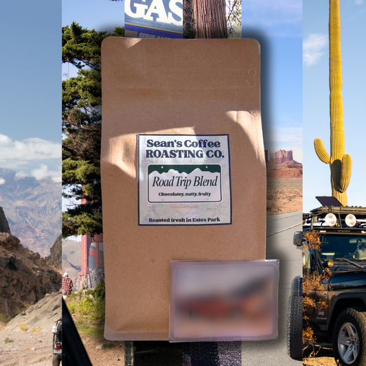Sean's Coffee Roasting Co. Road Trip Blend package with desert scenery and gas station sign in the background